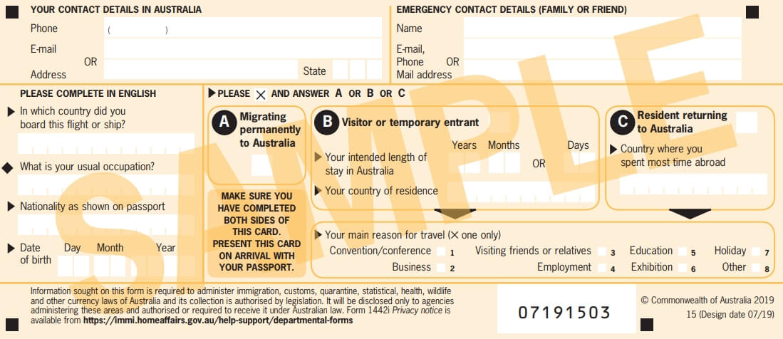 澳洲入境卡英文版